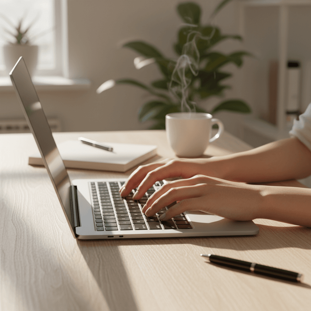 Freelancer working on laptop in modern workspace